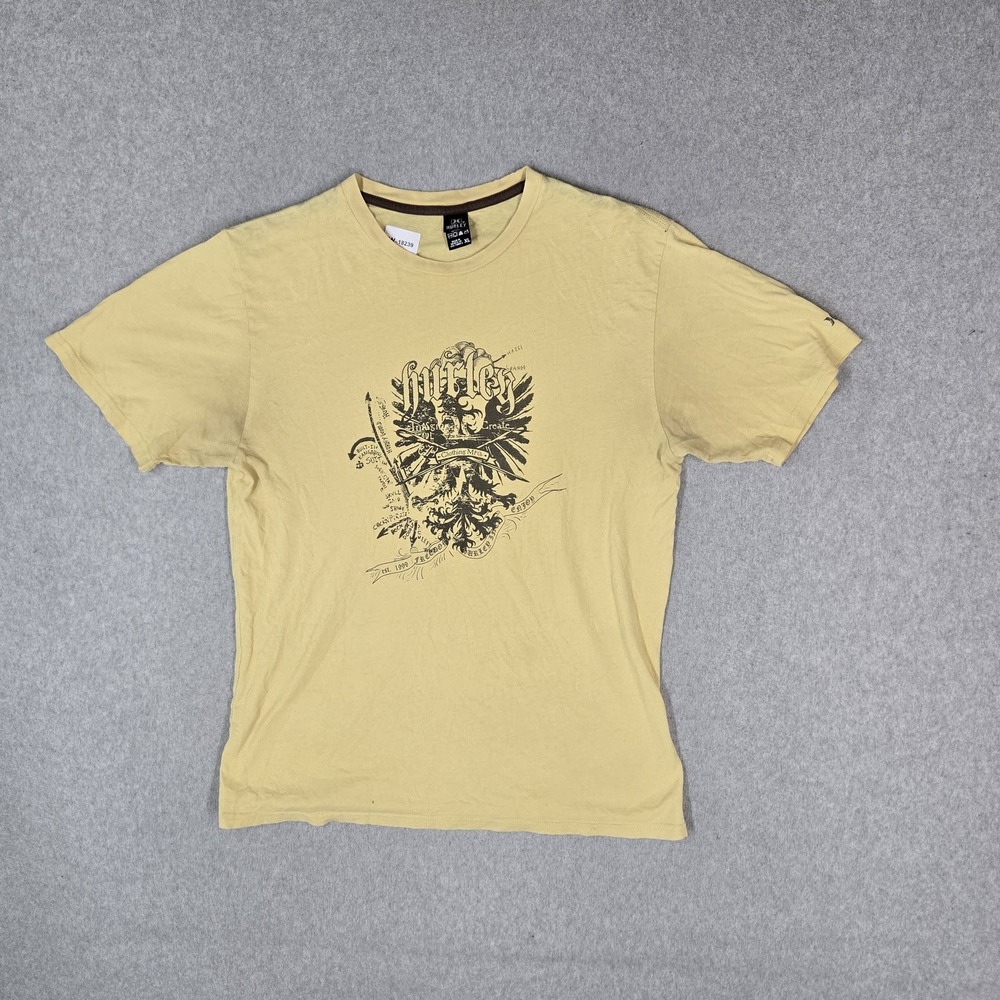 VINTAGE Hurley Men Shirt XL Yellow Skater Skull Y2K Grunge Short Sleeve READ